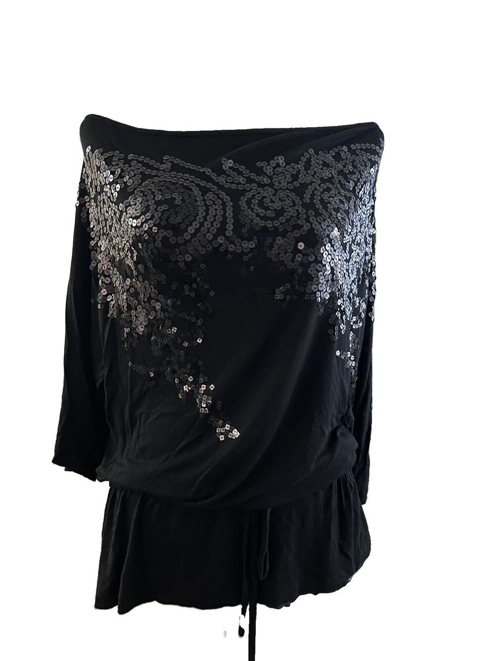 Womens Kenar Size Medium Black Loose Top Fit Off Shoulder Sequin Blouse Y2K Glam